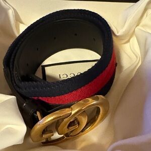 Gucci Navy and Red Belt with Gold GG Buckle